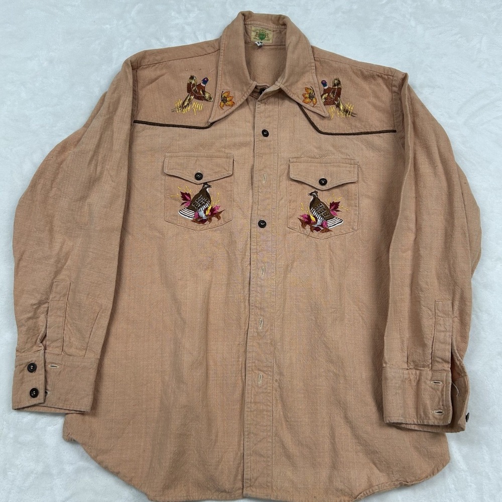 80s Ideal Western Shirt Mens L Tan Embroidered Turkey Bird Pearl Snap Vintage